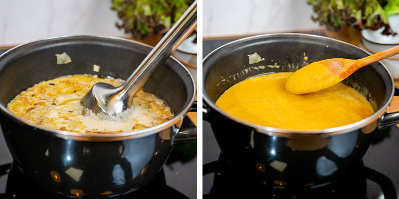 Zblenduj zupę na gładki krem i gotuj na małym ogniu jeszcze przez około 15 minut