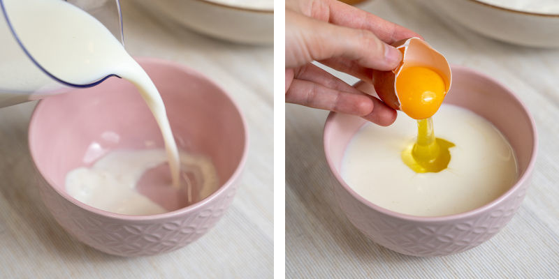 W osobnej misce roztrzep 240 ml mleka, 1 jajko i 1–2 łyżki rozpuszczonego masła konopnego lub oleju konopnego.