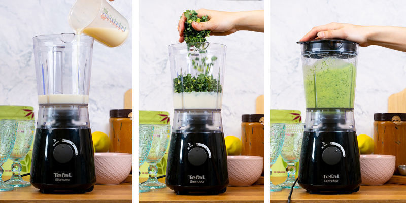 Wlej mleko i dodaj jarmuż do blendera, a następnie pulsacyjnie zmiksuj.