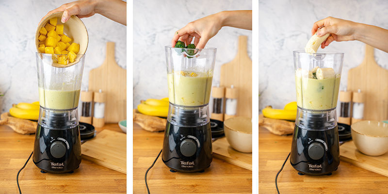 Dodaj mrożony szpinak, ananasa i banana, a następnie miksuj, aż konsystencja będzie gładka i kremowa.