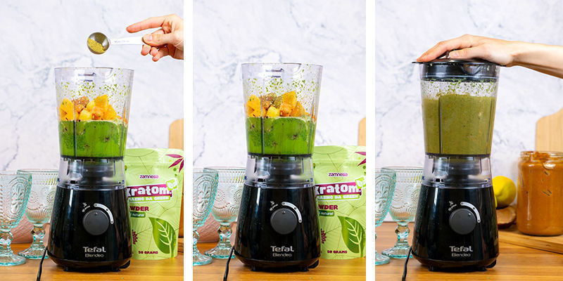 Na końcu wsyp proszek z kratomu i miksuj, aż uzyskasz gładkie, kremowe smoothie.