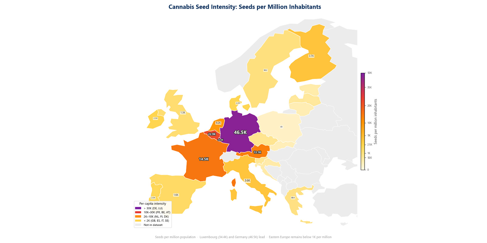 Rysunek 1: Zakupy nasion marihuany na mieszkańca w Europie. 