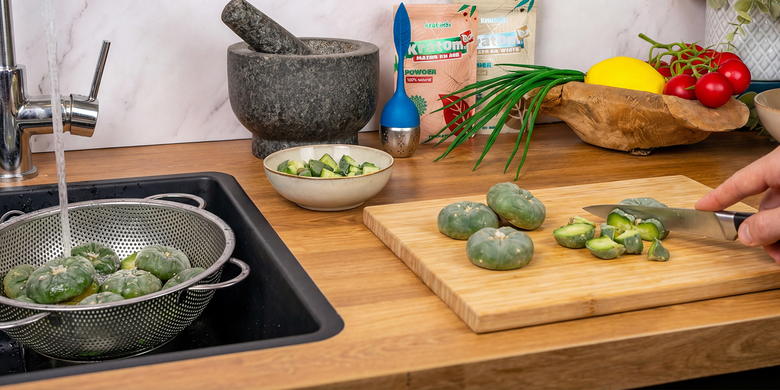 Rinse and cut the peyote slices