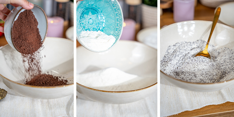 W średniej misce wymieszaj mąkę, kakao, proszek do pieczenia oraz sól.