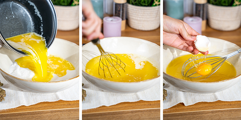 W dużej misce połącz roztopione masło konopne z cukrem aż do uzyskania jednolitej masy.