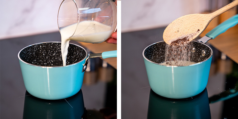 Aby przygotować napój, podgrzej 240 ml mleka (na porcję) w garnku lub kuchence mikrofalowej. Aby przygotować napój, podgrzej 240 ml mleka (na porcję) w garnku lub kuchence mikrofalowej.