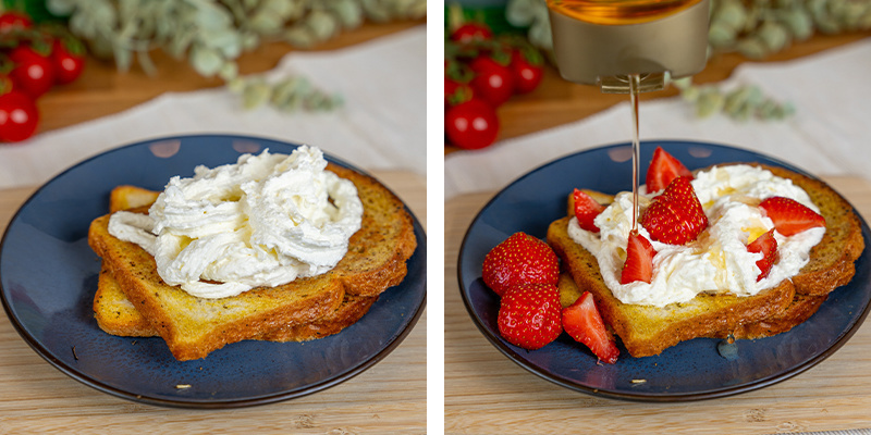 Podawaj z bitą śmietaną konopną, owocami i syropem klonowym.